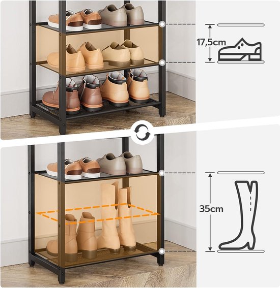 HOOBRO Schoenenrek, schoenenopberger met 4 niveaus, schoenopbergplanken voor 12-16 paar, verstelbare metalen plank, 75 x 29 x 59 cm, industrieel schoenenrek voor in de hal, bruin en zwart EBF09XJ01 HOOBRO Schoenenrek, schoenenopberger met 4 niveaus, schoenopbergplanken voor 12-16 paar, verstelbare metalen plank, 75 x 29 x 59 cm, industrieel schoenenrek voor in de hal, bruin en zwart EBF09XJ01