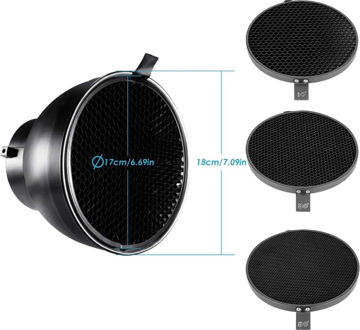 7 Inch Standaard Reflector Diffuser - Honingraat 10/30/50 Graden - X01NSK272