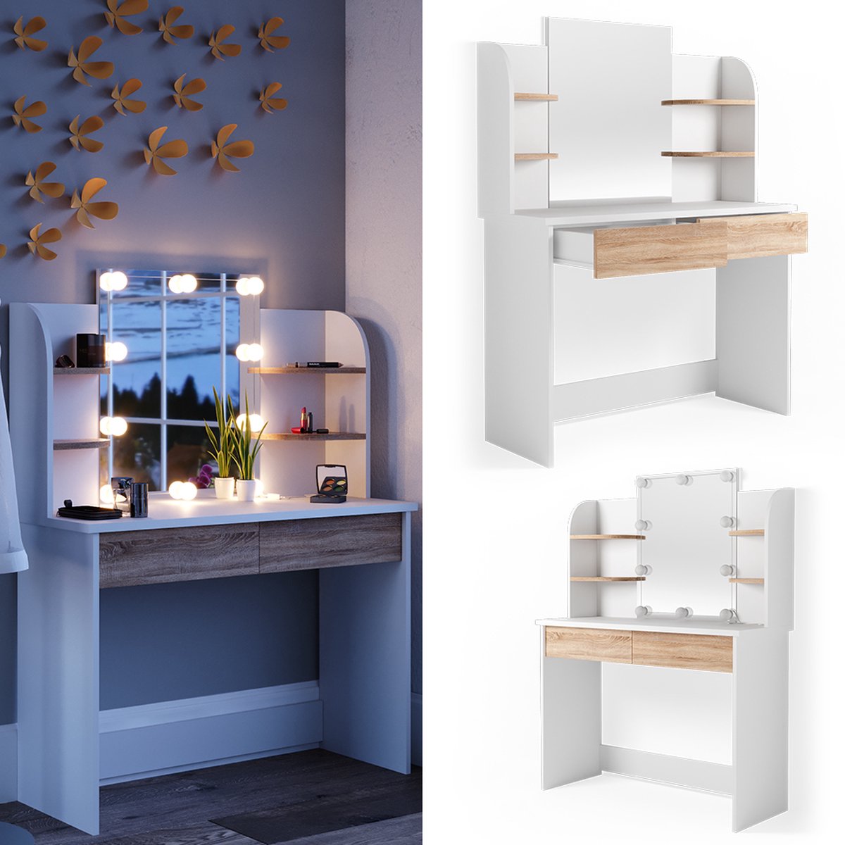 Vicco Kaptafel Charlotte, Wit, 108 cm met spiegel
