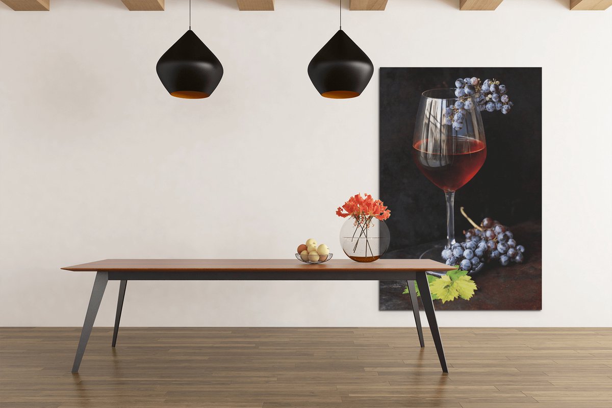Trendex Global Canvas Schilderij - Rode Wijn - Eten - Drinken - Wanddecoratie - 60x40x2 cm Zwart