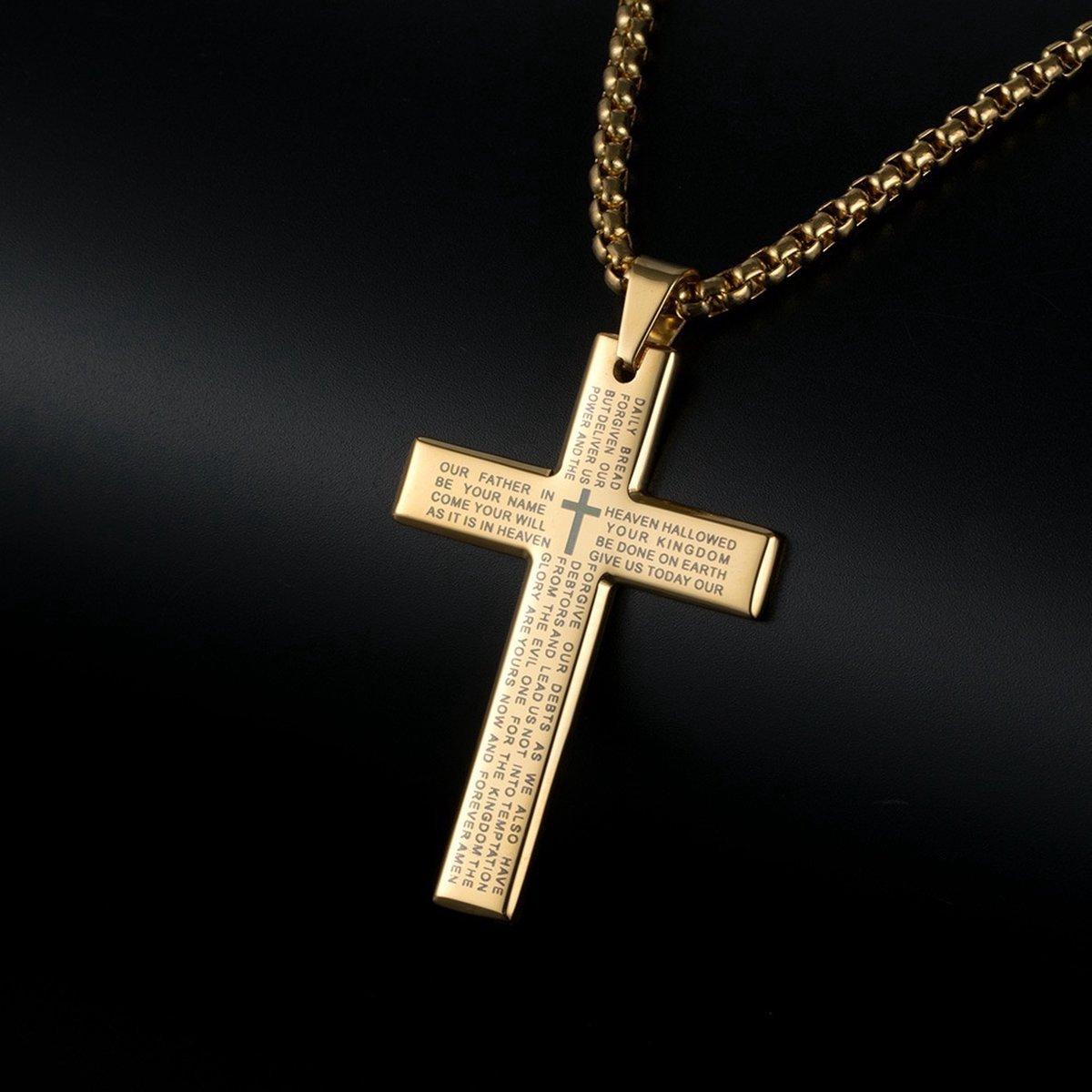 Donley Cubaans Kruis Ketting Heren - Gouden Platte Kruisketting - Holy Cross met Heilige Tekst - Mannen Ketting - 55 cm - Christelijke Ketting - Cadeau