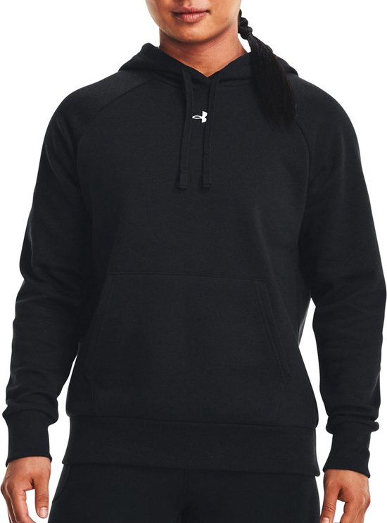 Zwarte hoodie voor dames met witte Under Armour logo op de borst, met capuchon en kangoeroezak.
