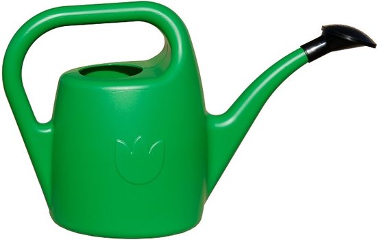 Groene kunststof gieter met tuit, handvat en tulp-logo.