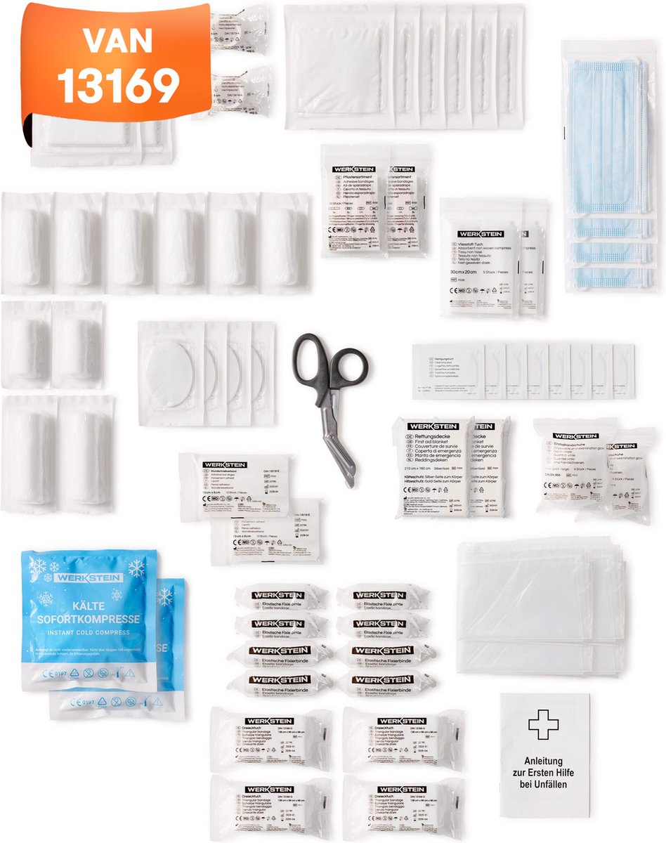 Goedkoopste WERKSTEIN EHBO koffer navulset DIN 13169 2021 inclusief EHBO-handleiding - EHBO doos navulset DIN 13169 met praktische binnenzakken - DIN 13169 EHBO opbergbox navulset voor bedrijven - EHBO set