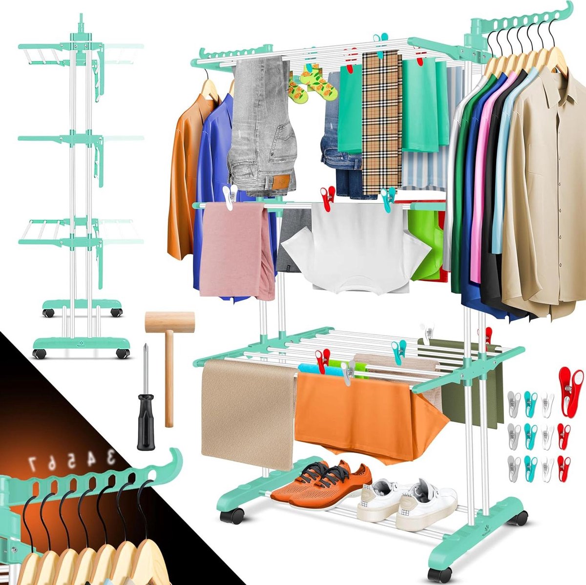 Goedkoopste Wasrek-toren met wielen - Ruimtebesparende wasdroger voor binnen & buiten - 4 niveaus - 2 draaibare zijvleugels - 6 inklapbare niveaus - Staande droger - Opvouwbaar wasrek