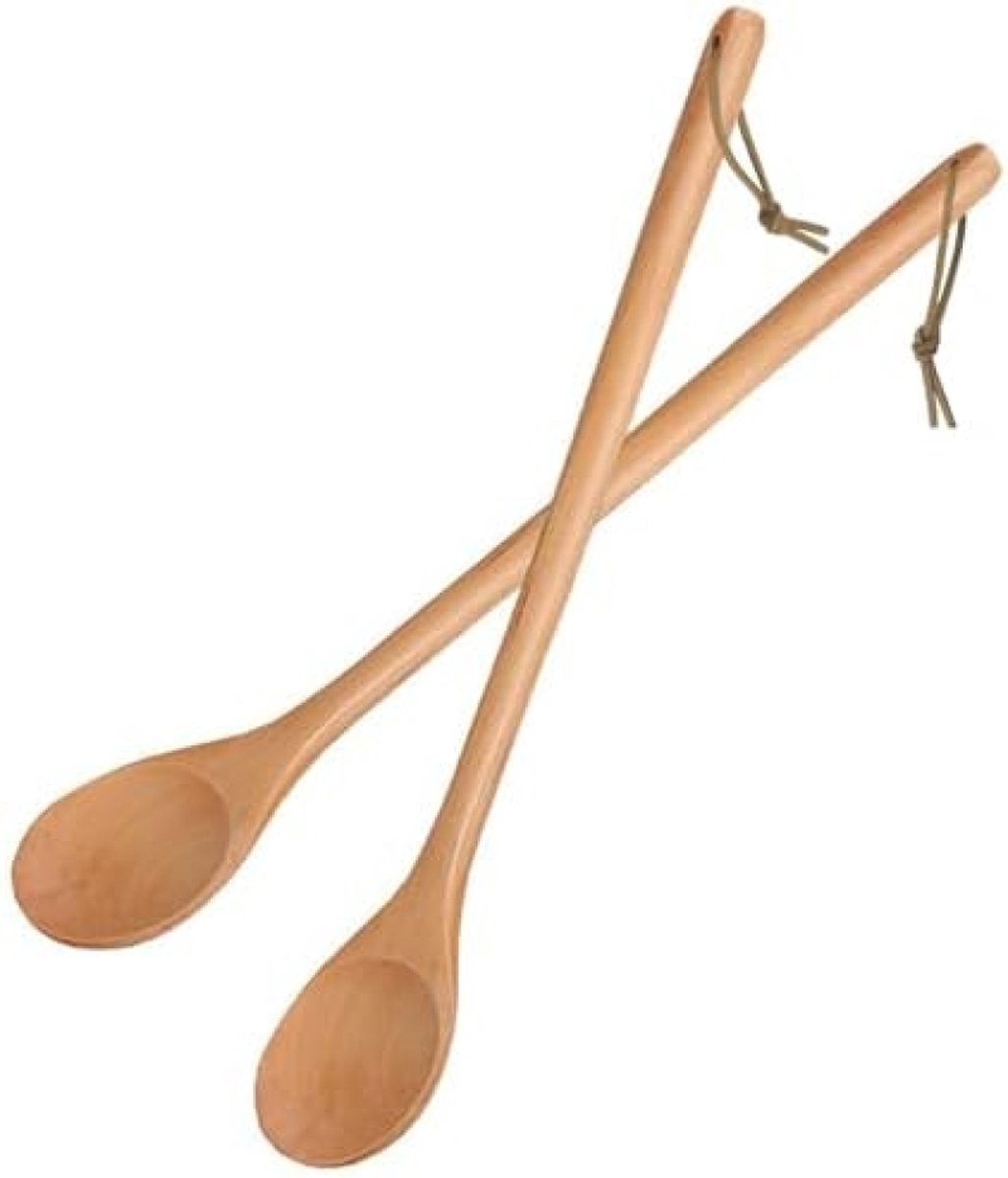 Houten kooklepel 2 stuks, multifunctionele roerlepel houten lepel met lange handgreep voor het koken mengen roeren, 33 cm