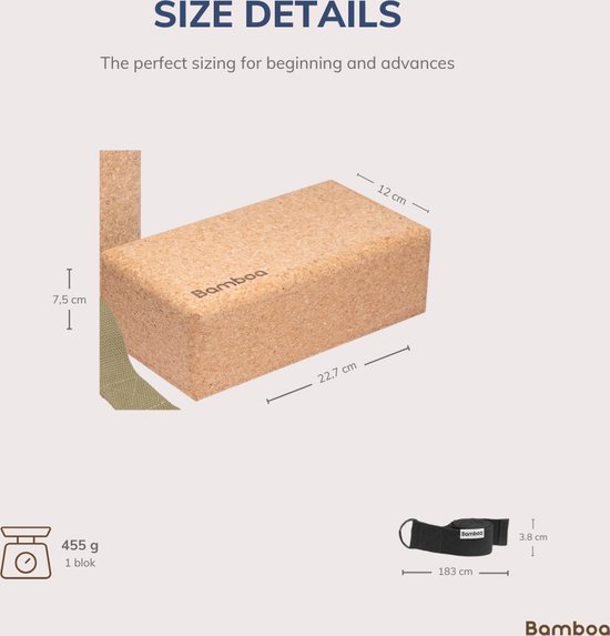 A-FTNSS Yoga Blocs Set Liège | 100% liège portugais | 2 Blocs de Yoga en liège (22,7 x 12 x 7,5 cm) + Riem de Yoga gratuite