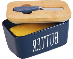 Keramische botervloot met deksel en mes - Luchtdichte grote porseleinen botercontainer diepblauw 500 ml