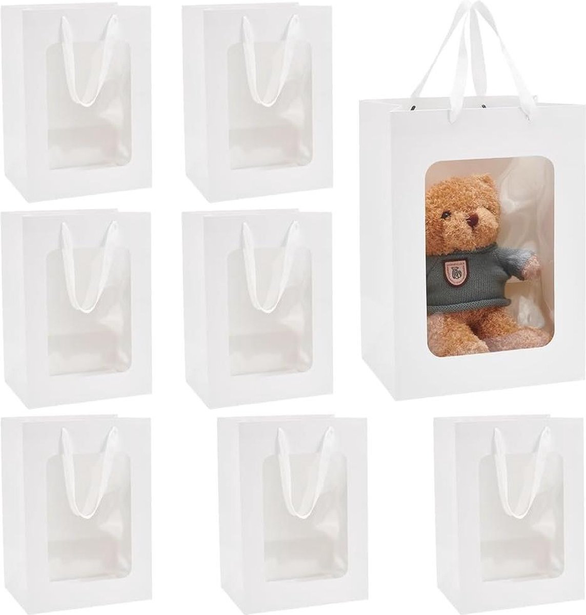 Transparante venster witte kraftpapieren zakken 35x25x18cm - 8-pack geschenkzakje met handgrepen voor verjaardagbruiloft - feest jubileum
