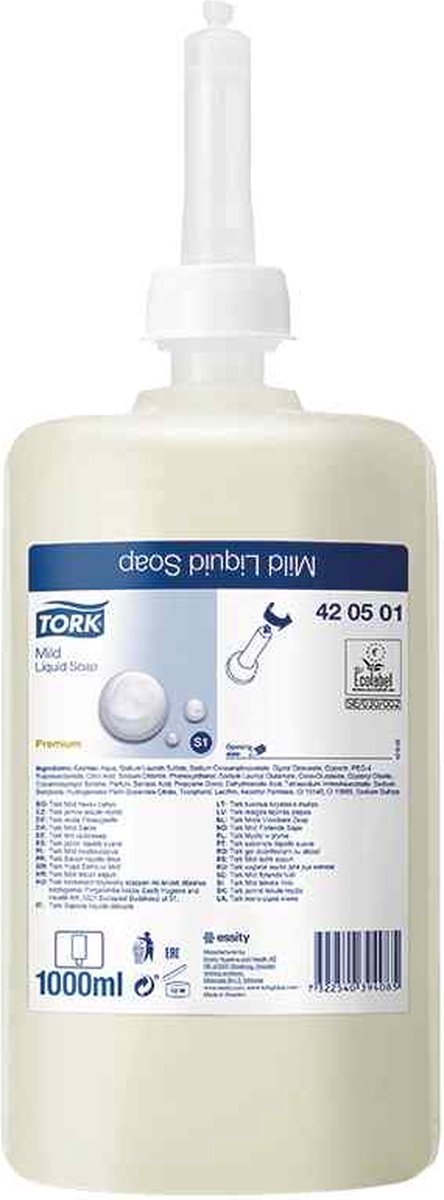 Voordeelverpakking van 2 x Tork Milde Vloeibare Zeep, lichtgeel S1, geparfumeerd, 1 litertr/flacon, 6st. (420501)