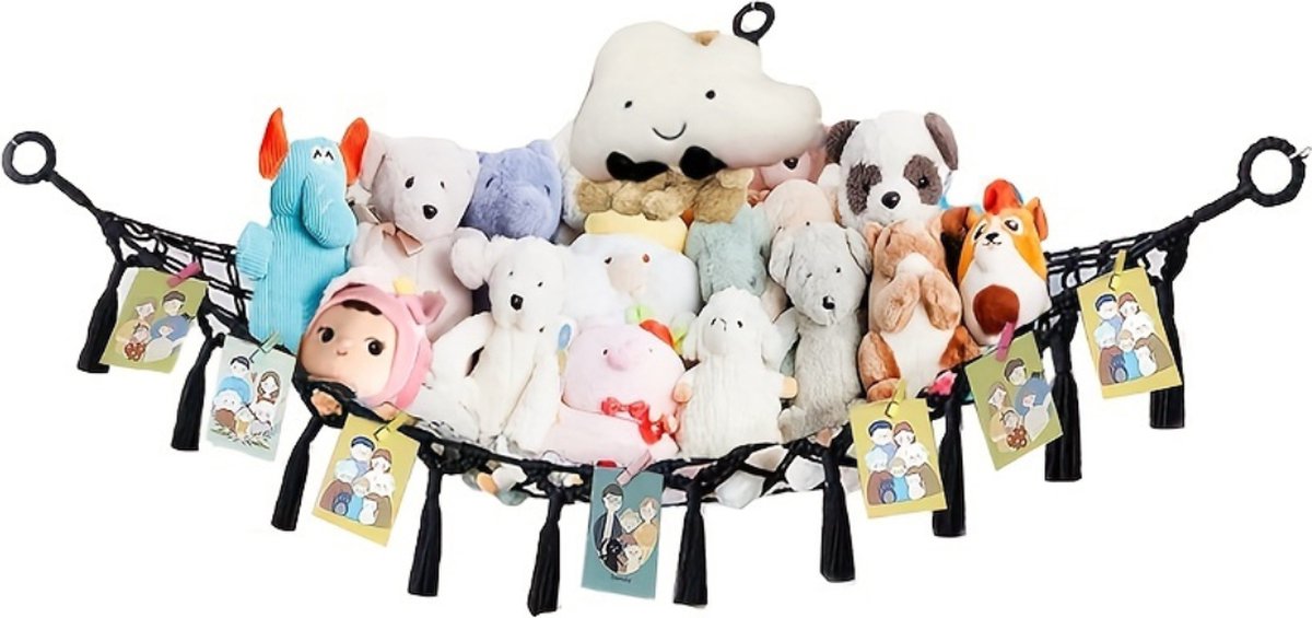 Nivard Knuffel Net - Hangmat - Speelgoed - Opbergsysteem - Hangmat Voor Knuffels - Organizer - Vlaggetjes - Zwart