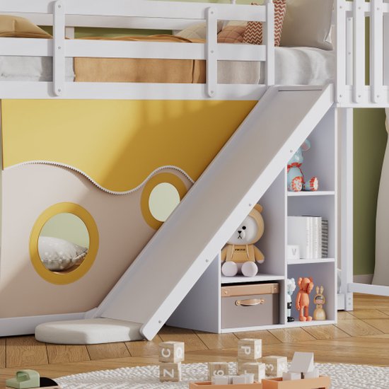 NNJN Stapelbed, houten bed met trap en omheiningen, met bedgordijn, glijbaan en plank, kinderbed met valbescherming en rooster, frame van grenen, wit (90 x 200 cm