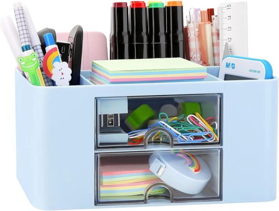 Bureau organizer pennenhouder met 5 vakken en 2 laden - multifunctioneel - blauw bureau organizer