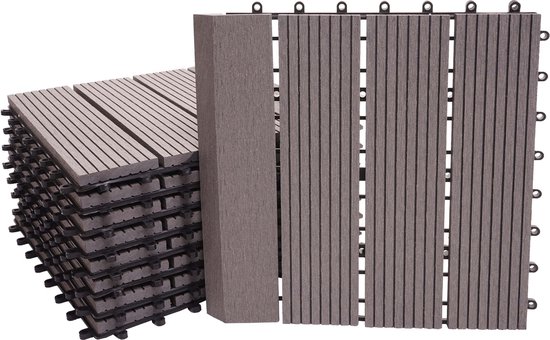 WPC Bodenfliese HWC-E19, Holzoptik Balkon/Terrasse, 3D-Struktur linear ~ dunkelbraun, 4x je 50x50cm = 1qm von WPC Bodenfliese HWC-E19, Holzoptik Balkon/Terrasse, 3D-Struktur linear ~ dunkelbraun, 4x je 50x50cm = 1qm von