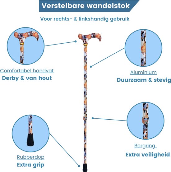 Verstelbare wandelstok voor rechts- en linkshandig gebruik, met comfortabel Derby handvat, aluminium schacht en rubberen dop.