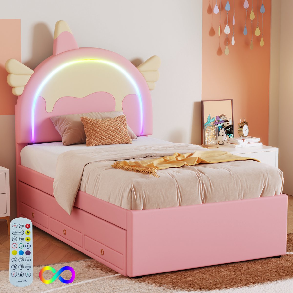 Sweiko Cartoon Kinderbed 90*200cm, Eenhoorn vorm, met LED verlichting, Uitgerust met Uitschuifbaar roll-out bed, PU materiaal, Roze — cadeau in Cadeau-ideeën - foto 4