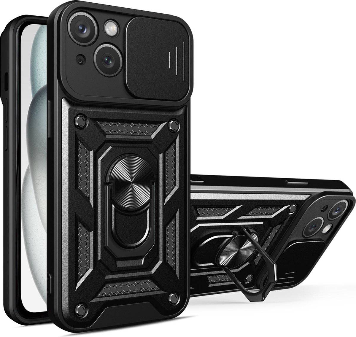 Hoesje geschikt voor iPhone 15 Plus met Ringhouder en Camera schuifje – Zwart