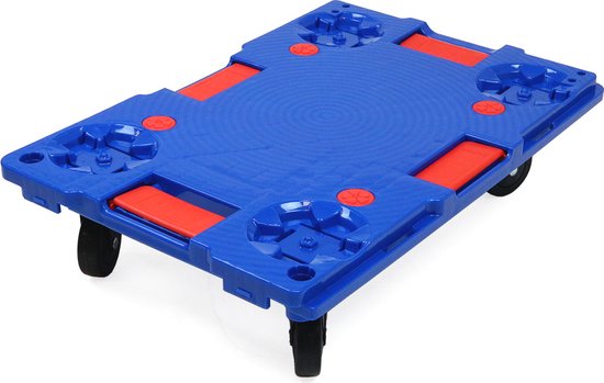 Blauwe meubelroller met rode accenten en zwarte wielen, koppelbaar, 150 kg laadvermogen.