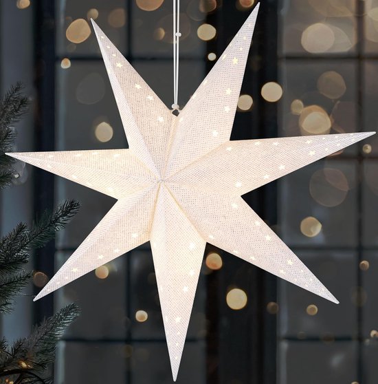 BRUBAKER LED Kerstster om op te Hangen – 60 cm Papieren Ster met 7 Punten – 3D Adventsster – Werkt op Batterijen, Hangend en Verlicht – Raamdecoratie Lichtster – Wit