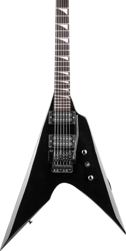 Zwarte V-stijl elektrische gitaar, studiofoto.