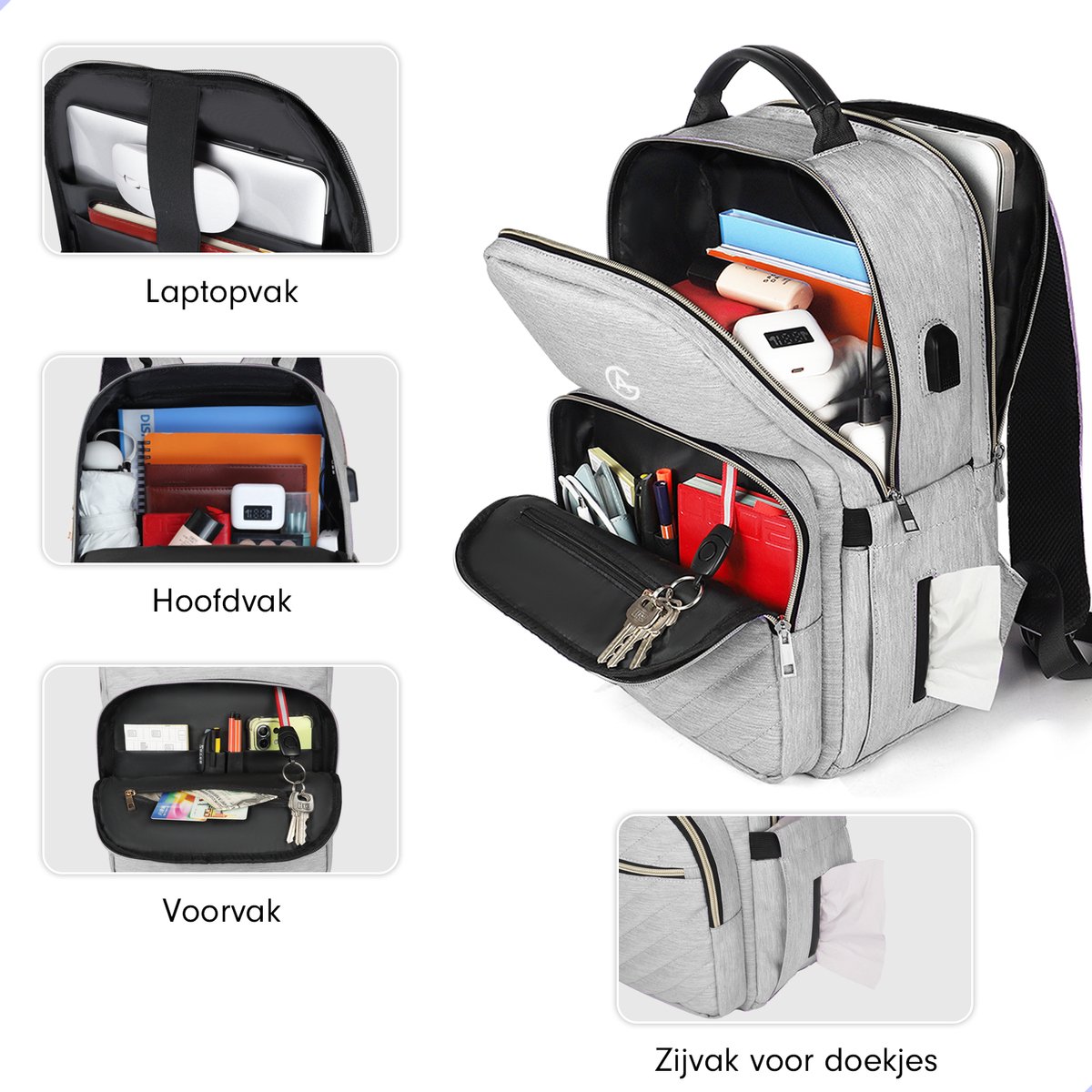 AG Luxe Rugzak Grijs- Rugzakken - Rugtassen - Laptop - 26L - School - voor jongens en meisjes, dames en heren - Backpack Waterafstotend- Schooltas - Reizen & Werken - Anti Diefstal Ontwerp - Inclusief Usb Oplaadstation – foto 2