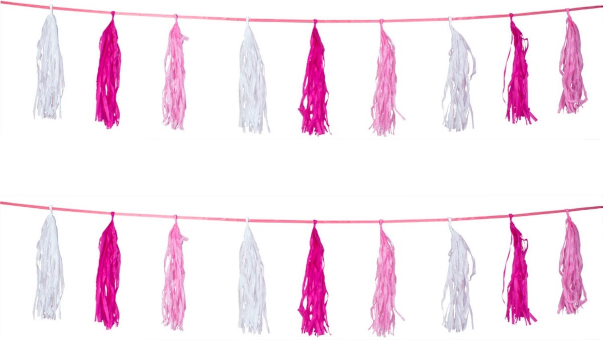 Kwast tassel feestslingers roze - 2x - 3 meter - Meisjes geboren feestartikelen versieringen