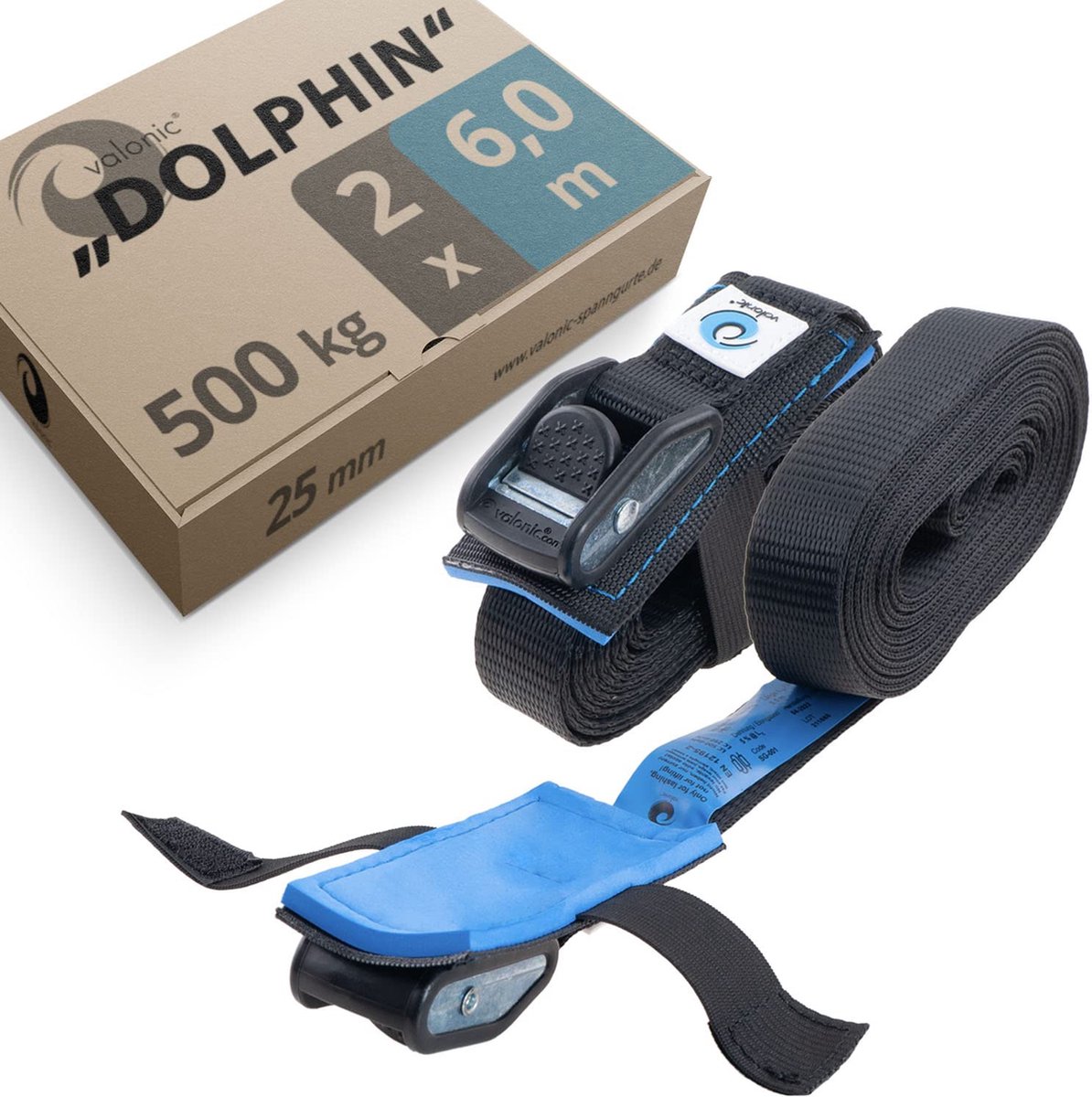 Valonic DOLPHIN spanband 6m 2 stuks met klemslot gewatteerd 500 Kg 25mm EN-12195-2 zwart spanbanden sjorbanden voor motorfiets