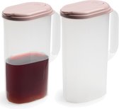 2x pichet à eau/pichet à jus transparent/rose avec couvercle 2 litres en plastique - Pichet étroit qui tient dans la porte du réfrigérateur