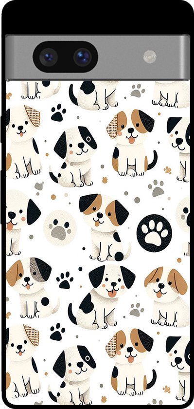 Telefoonhoesje met veelzijdige, schattige puppy's en pootafdrukken op witte achtergrond.