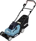 Turquoise en zwarte Makita grasmaaier met 36V batterij indicator, 380mm snijbreedte.