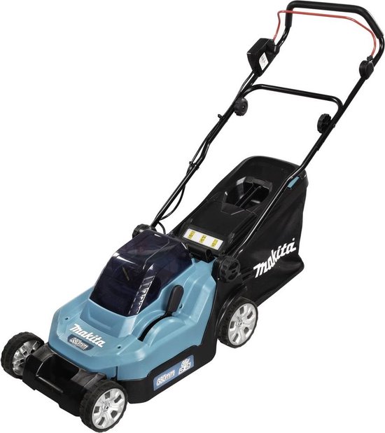 Turquoise en zwarte Makita grasmaaier met 36V batterij indicator, 380mm snijbreedte.