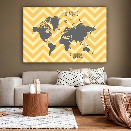 Une carte du monde grise avec texte anglais Toile 180x120 cm - Tirage photo sur Toile (Décoration murale salon / chambre) XXL / Groot format!