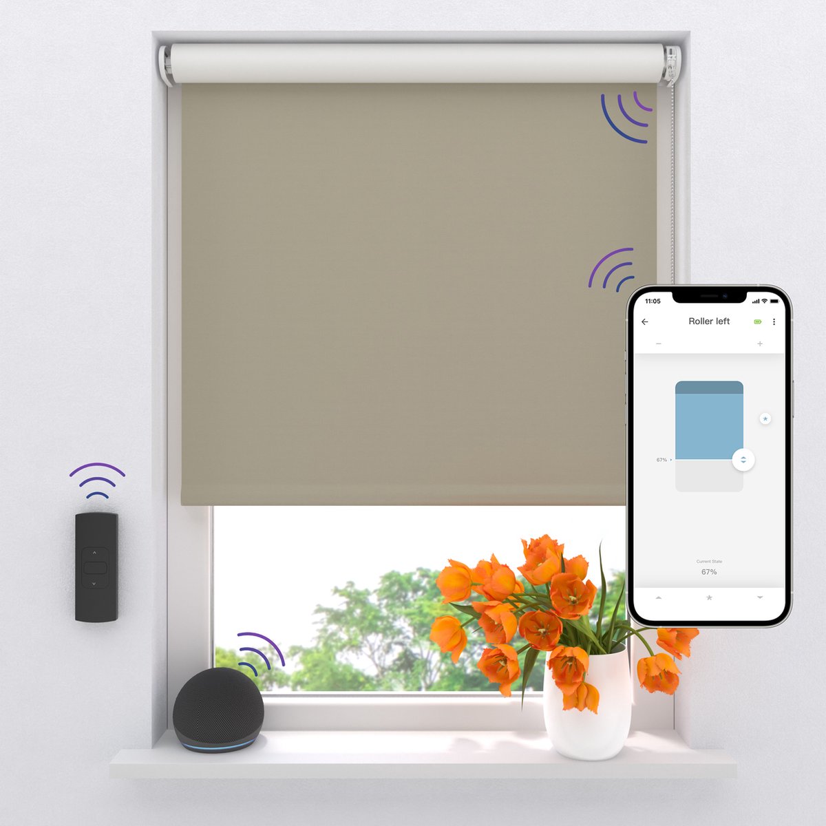 DTCH® Elektrisch Rolgordijn Verduisterend - Easy - Cement - 180 x 190 cm - Motionblinds CMD-02-P