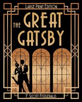 De omslag van De Grote Gatsby, grote lettereditie, met een Art Deco-kader, twee silhouetten van dansers en de titel.