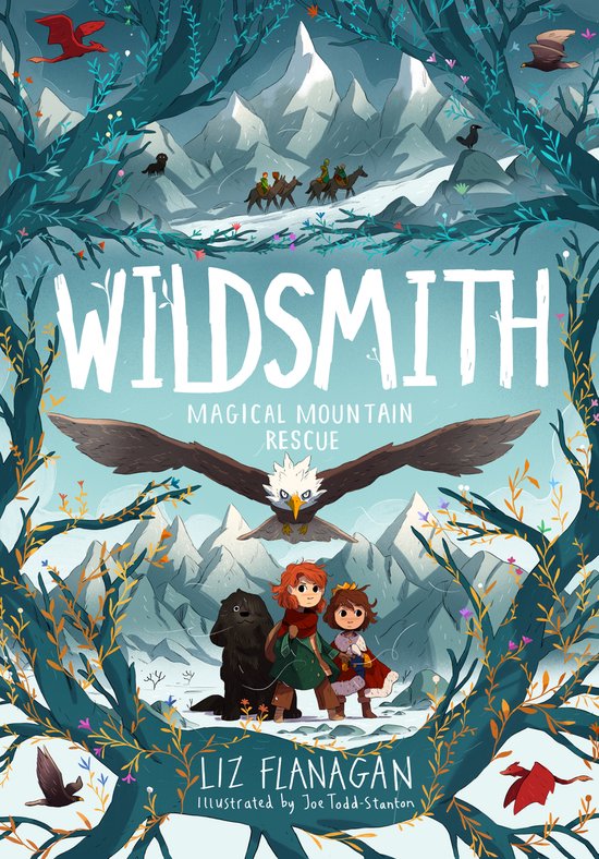 Boek 'Wildsmith: Magical Mountain Rescue' met op de cover een adelaar, twee kinderen, een hond, bergen en draken.