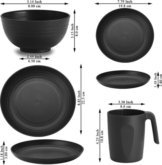 Plastic servies sets 24pcs voor 6, herbruikbare borden en kommen sets, schotel set omvatten diner borden, dessert bord, ontbijtgranen kommen, kopjes voor thuis, tuin, picknick, camping, zwart — afbeelding 4