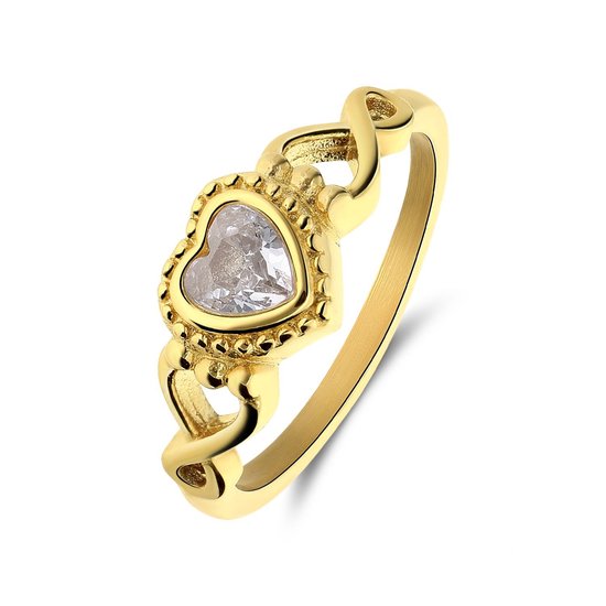 Lucardi Dames Stalen goldplated vintage ring met hart wit - Ring - Staal - Goudkleurig - 19 / 60 mm