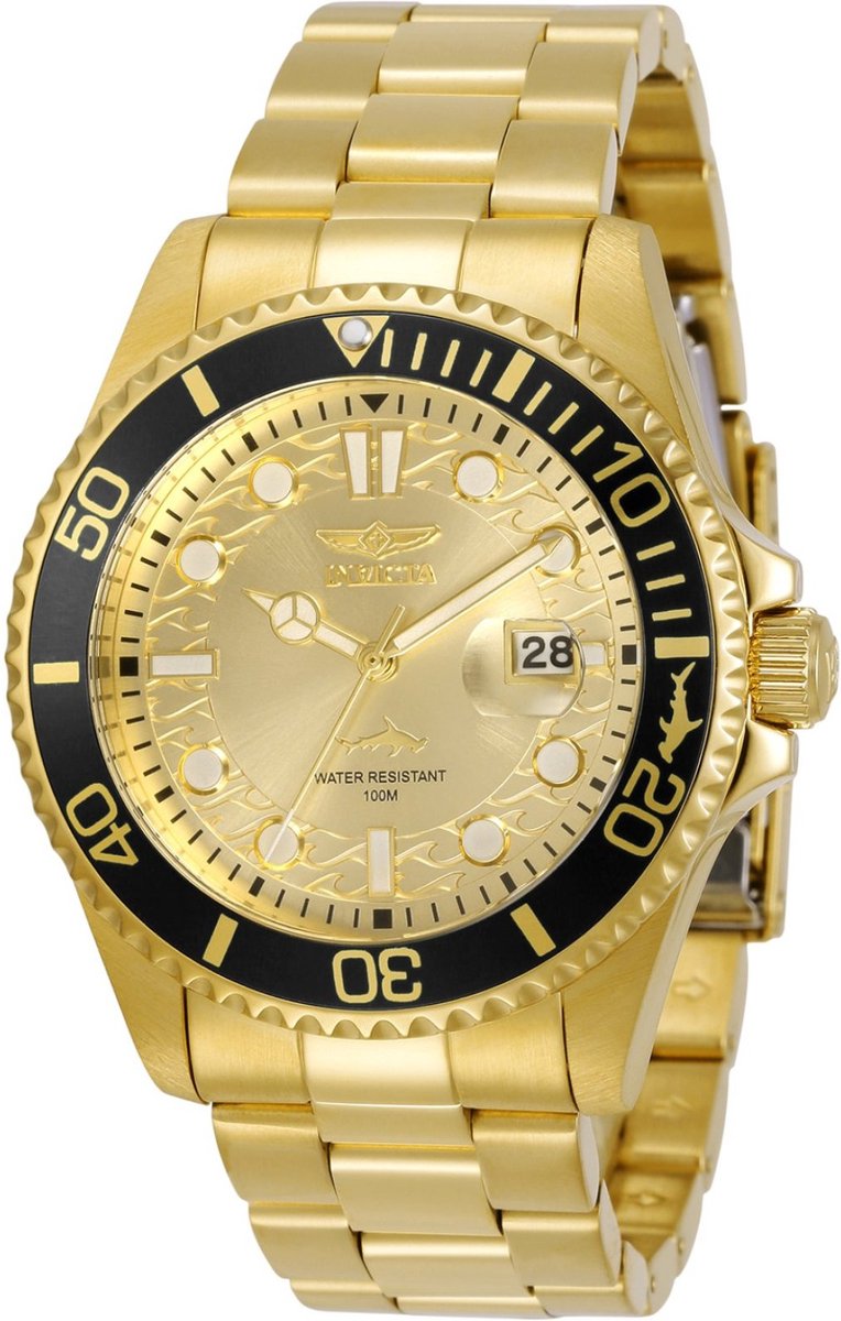 Invicta Pro Diver 30025 Heren Horloge - Waterdicht - Analoog - Quartz Uurwerk - Roestvrij Staal met gouden Wijzerplaat - 43mm