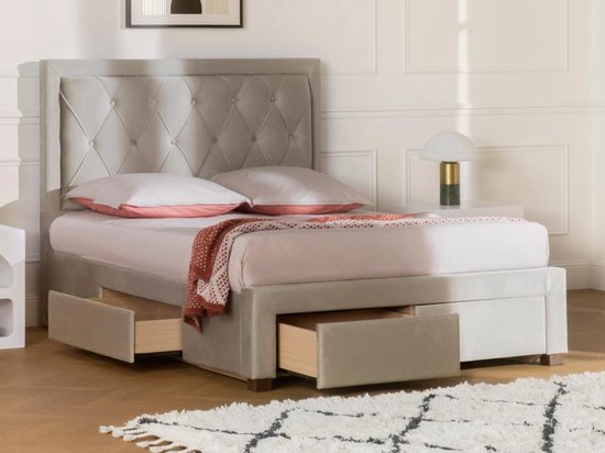 Bed met lades 140 x 200 cm - Stof van champagnekleurig velours - LEOPOLD L 142.5 cm x H 122.2 cm x D 216.5 cm