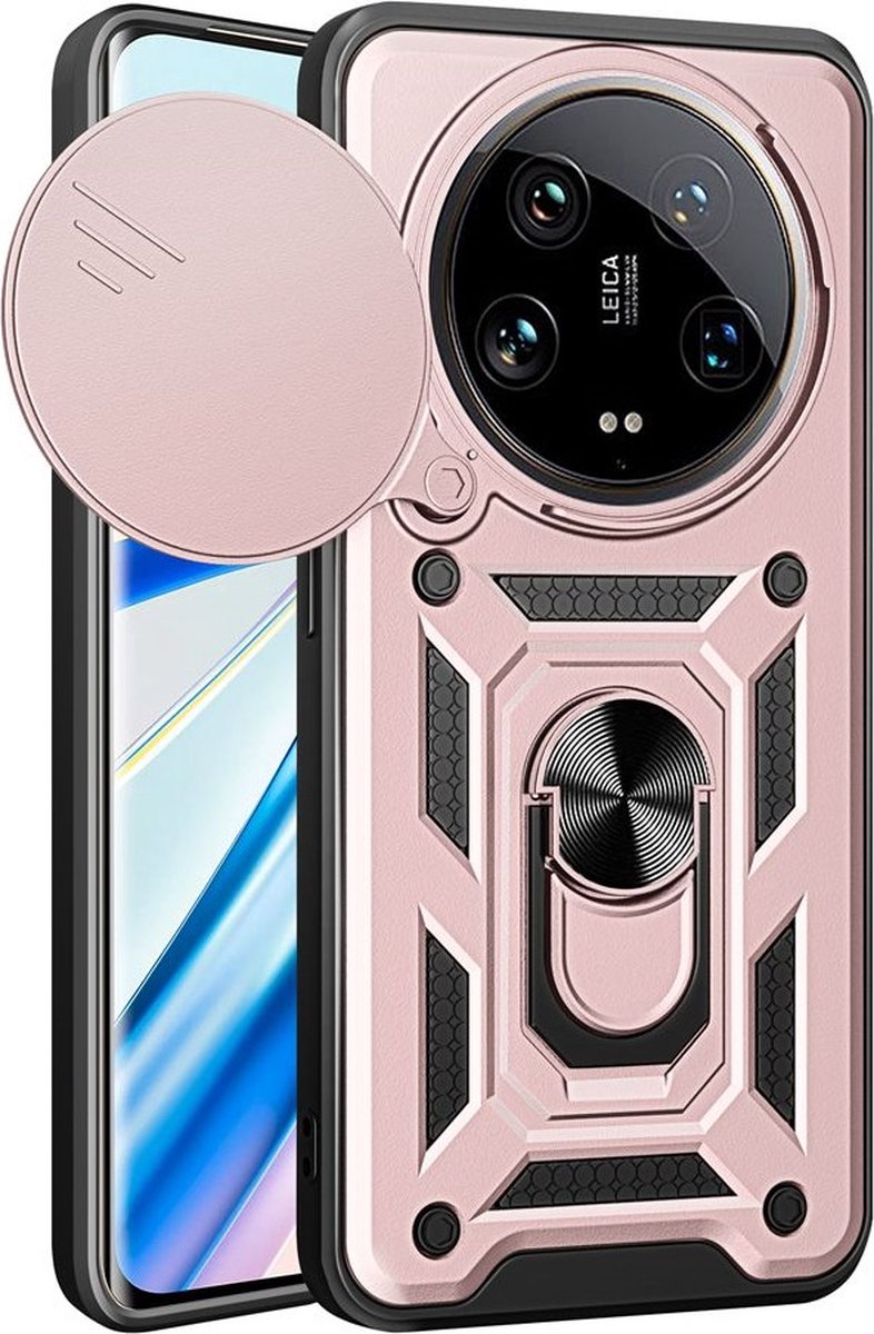 MobyDefend Hoesje - Geschikt voor Xiaomi 14 Ultra - Pantsercase Met Draaibare Ring - Rosé