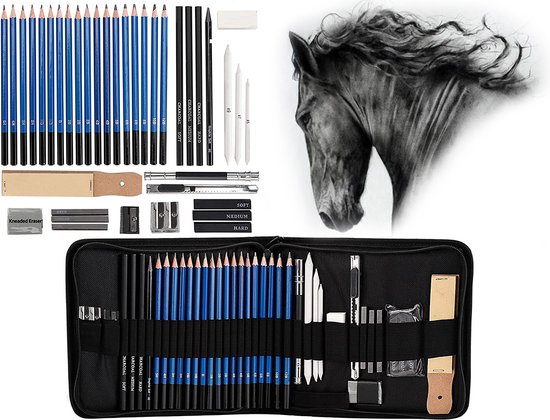 Set de Crayons à croquis professionnels 32 pièces - Crayons à dessin - Accessoires de vêtements pour bébé - Dessin au Charbon de bois et graphite - Étui - Set de dessin - Crayons - Crayon
