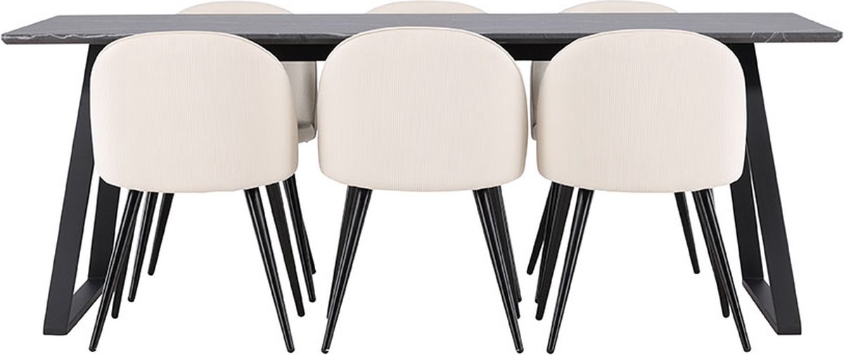 Malaga eethoek eetkamertafel 90x200cm donkergrijs en 6 Skagen stoel fluweel beige.