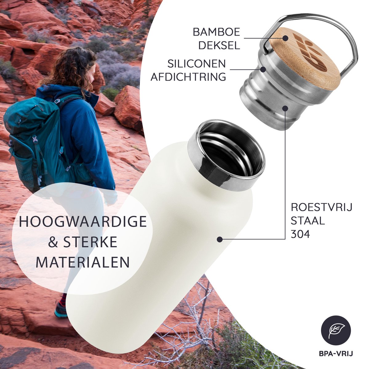 Bambaw® 1 Liter RVS Thermosfles - Isoleerfles, Dubbelwandig, Lekvrijen, loodvrij en Plasticvrij Geïsoleerde Fles met Bamboe Deksel voor Warme en Koude Dranken - Ideaal voor Reizen, Werk, Yoga, Wandelen en Dagelijks Gebruik – wit — cadeau in Sport & Outdoor - foto 2