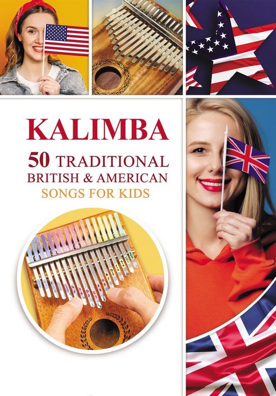 Livre intitulé 'KALIMBA 50 TRADITIONAL BRITISH & AMERICAN SONGS FOR KIDS'. Une femme tient un drapeau américain. Gros plan d'une Kalimba avec des touches métalliques.