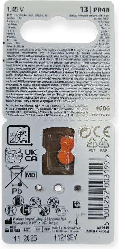 Achterkant van Rayovac 13 gehoorapparaatbatterijen pakking met instructies en CE-markering