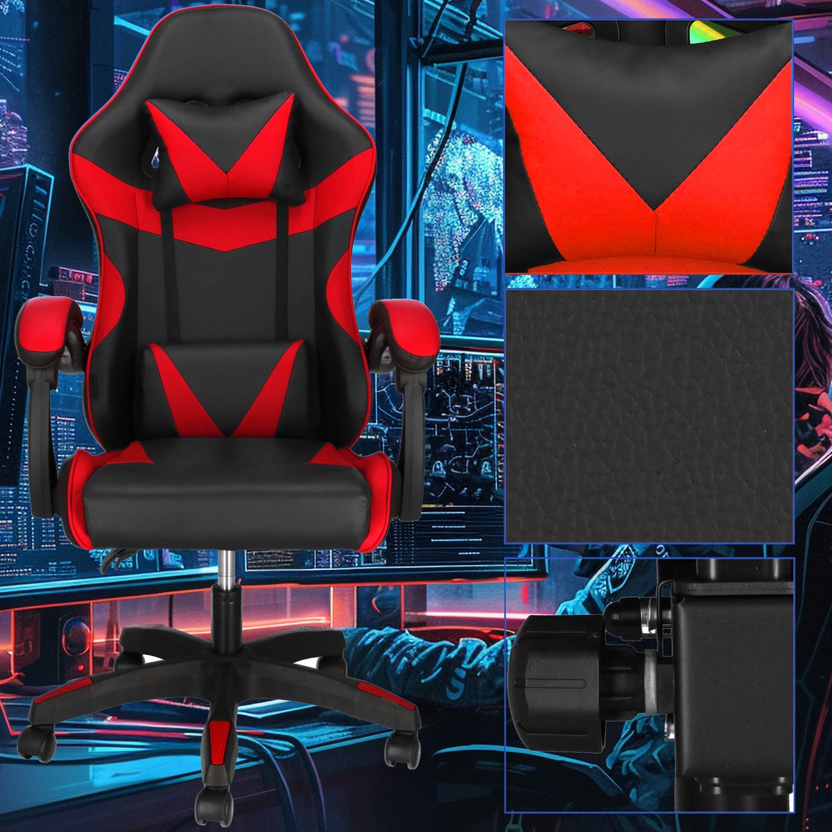 Springos Ergonomische Gamingstoel Rood/Zwart Verstelbaar - afbeelding 2