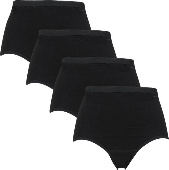 Vier zwarte high-waist slips, op een rij.