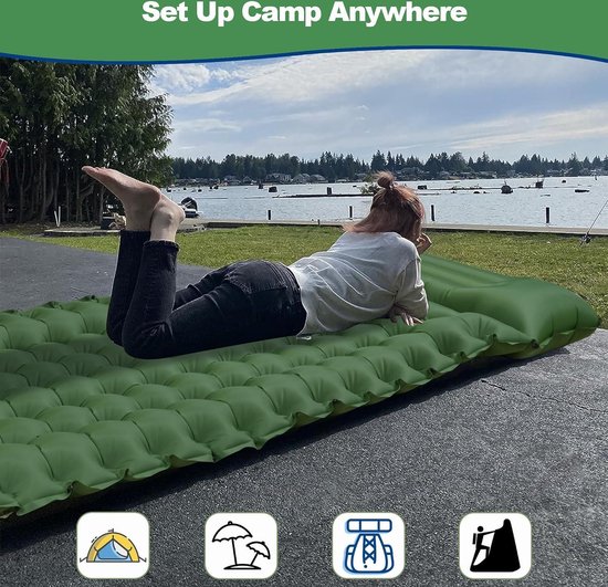 Ultralichte campingmat met kussen en voetpomp - Compact en opblaasbaar - Groen van Merkloos — afbeelding 3