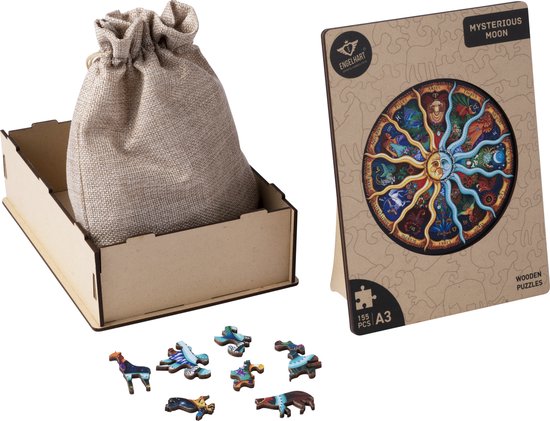 Houten puzzeldoos met een stoffen zak en een puzzel van de dierenriem. Losse dierenpuzzelstukjes liggen ernaast.