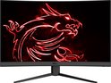 Vooraanzicht van een zwarte MSI gebogen gaming monitor met rode draak op het scherm.